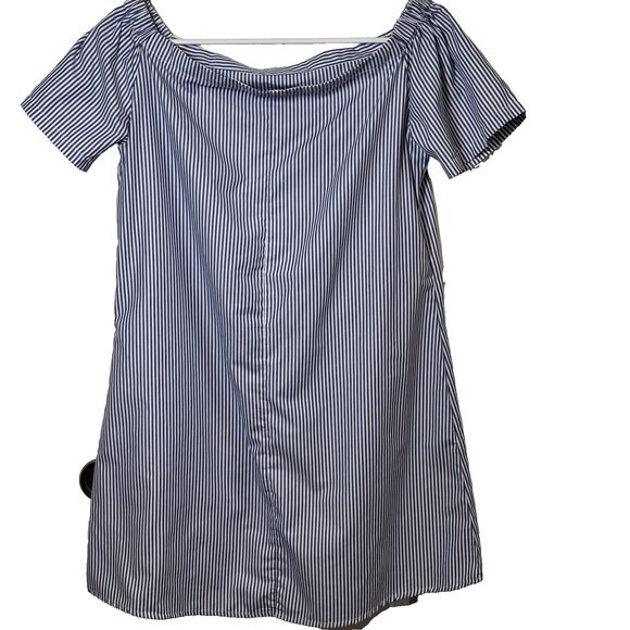 STYLE ENVY OFF THE SHOULDER STRIPED CHAMBRAY DRESS WITH ROSES SIZE MEDIUM - Picture 5 of 11